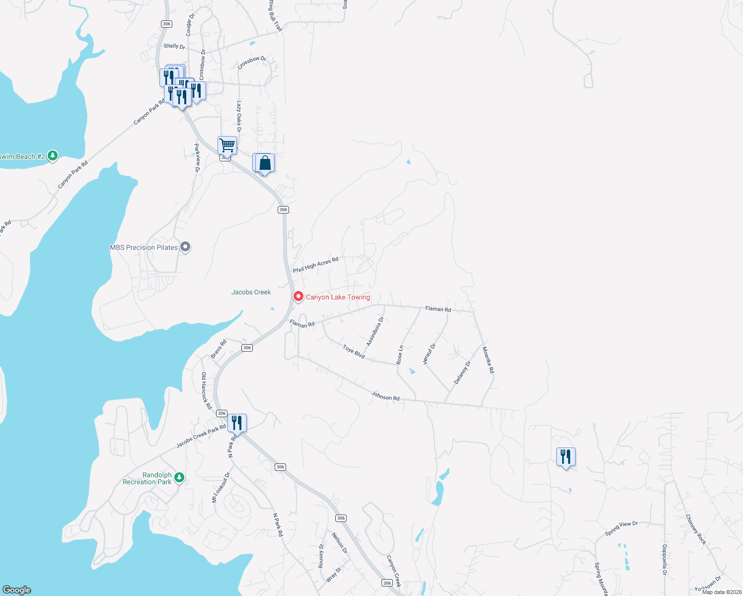 map of restaurants, bars, coffee shops, grocery stores, and more near 633 Flaman Road in Canyon Lake