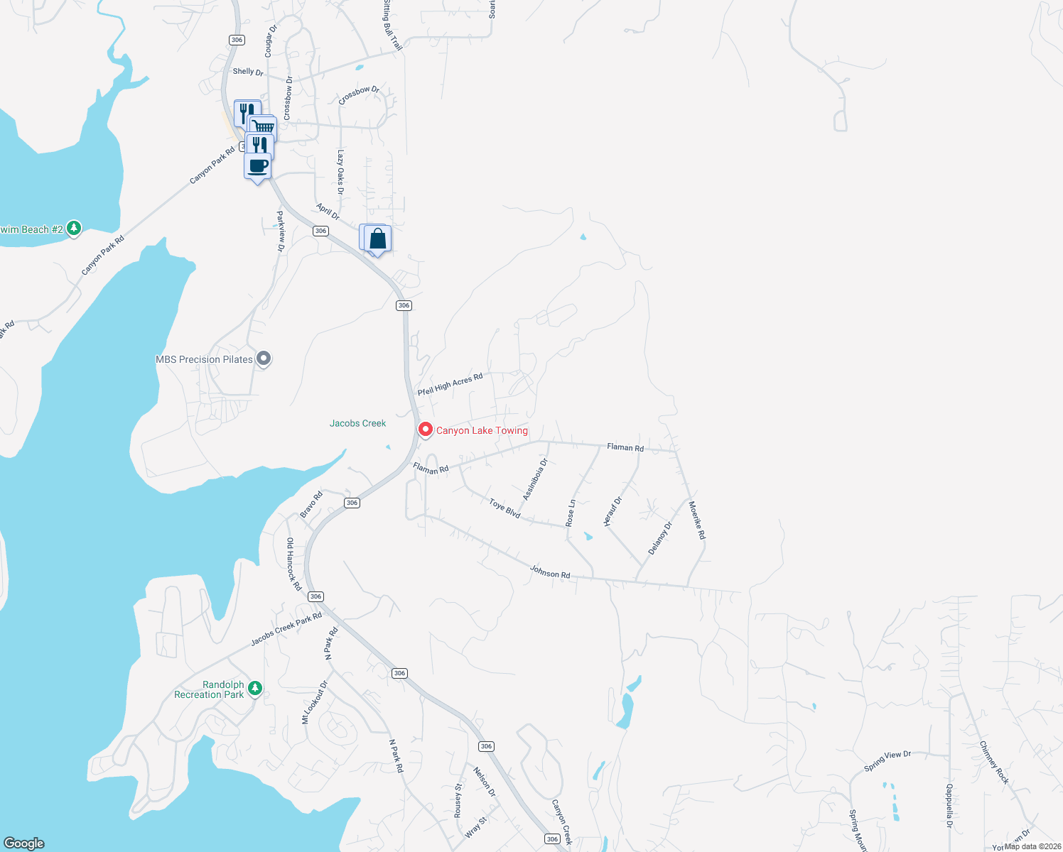 map of restaurants, bars, coffee shops, grocery stores, and more near 633 Flaman Road in Canyon Lake