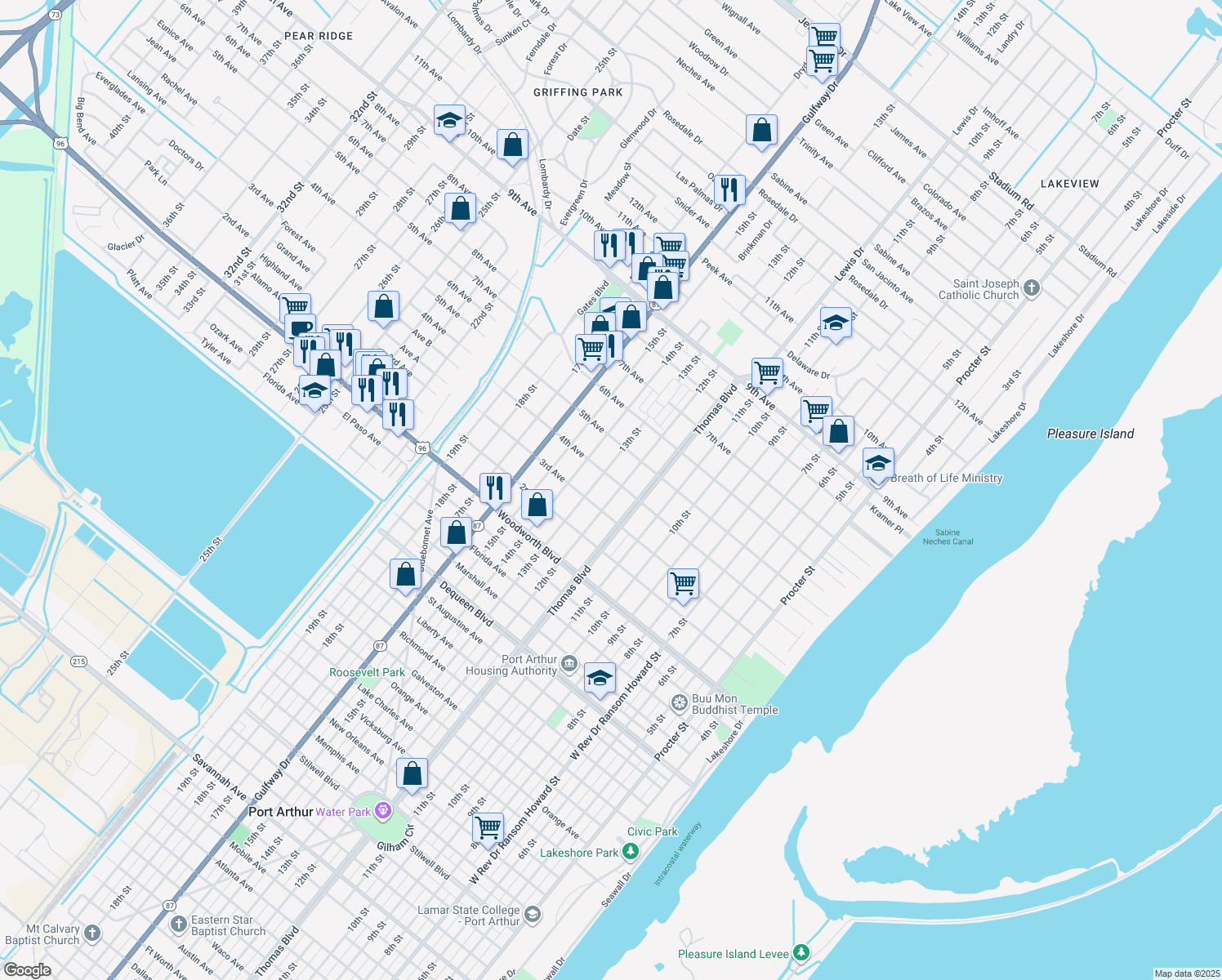 map of restaurants, bars, coffee shops, grocery stores, and more near 3137 12th St in Port Arthur
