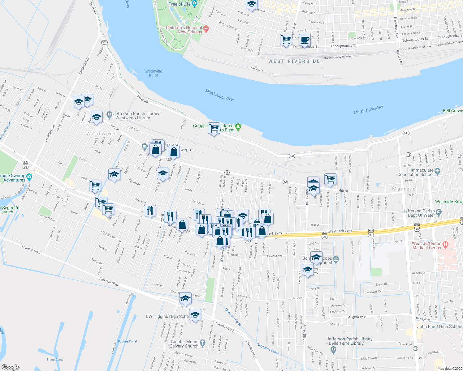 map of restaurants, bars, coffee shops, grocery stores, and more near 446 Westwood Drive in Marrero