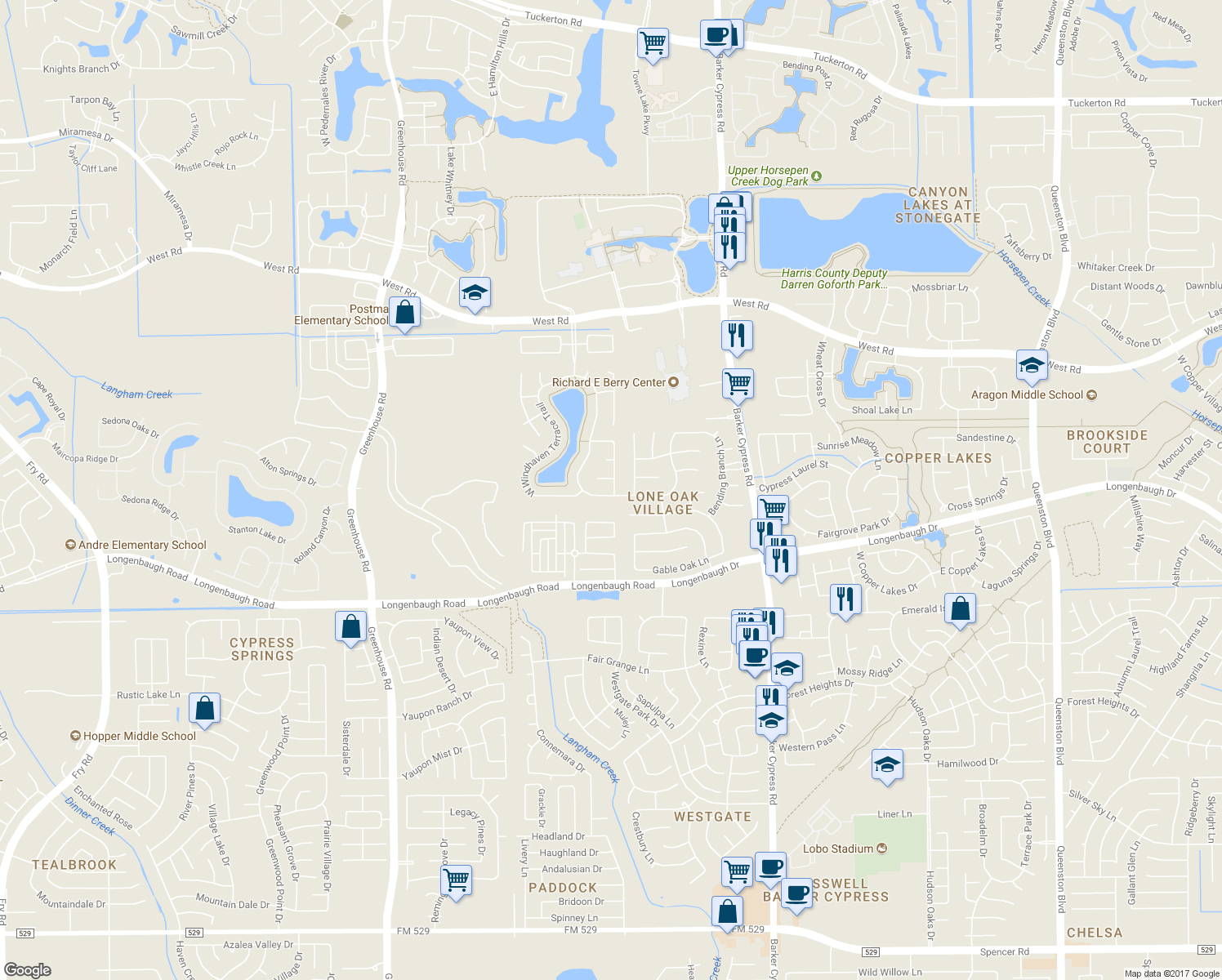 map of restaurants, bars, coffee shops, grocery stores, and more near 18302 Red Oak Manor Lane in Cypress