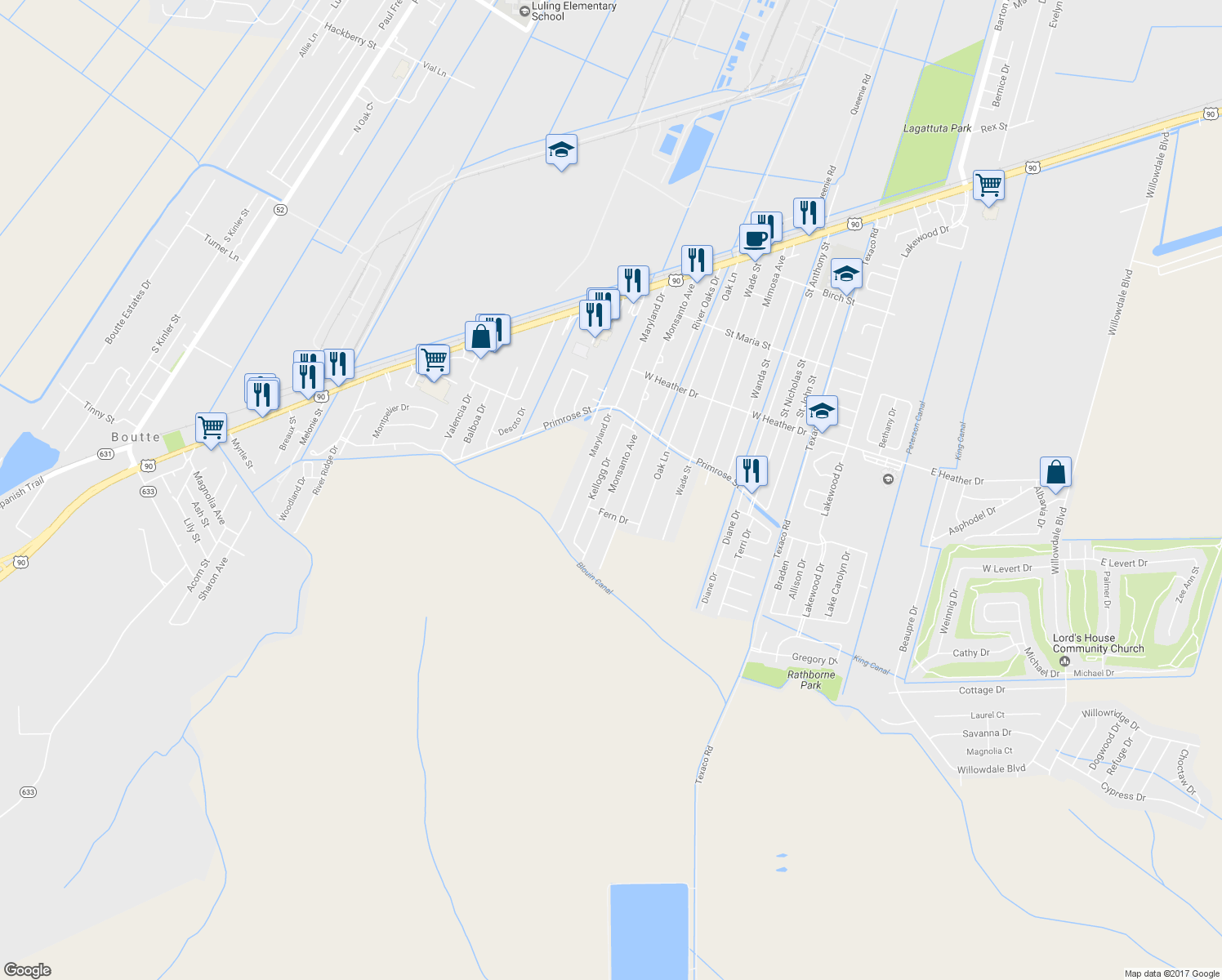 map of restaurants, bars, coffee shops, grocery stores, and more near 437 Monsanto Avenue in Luling
