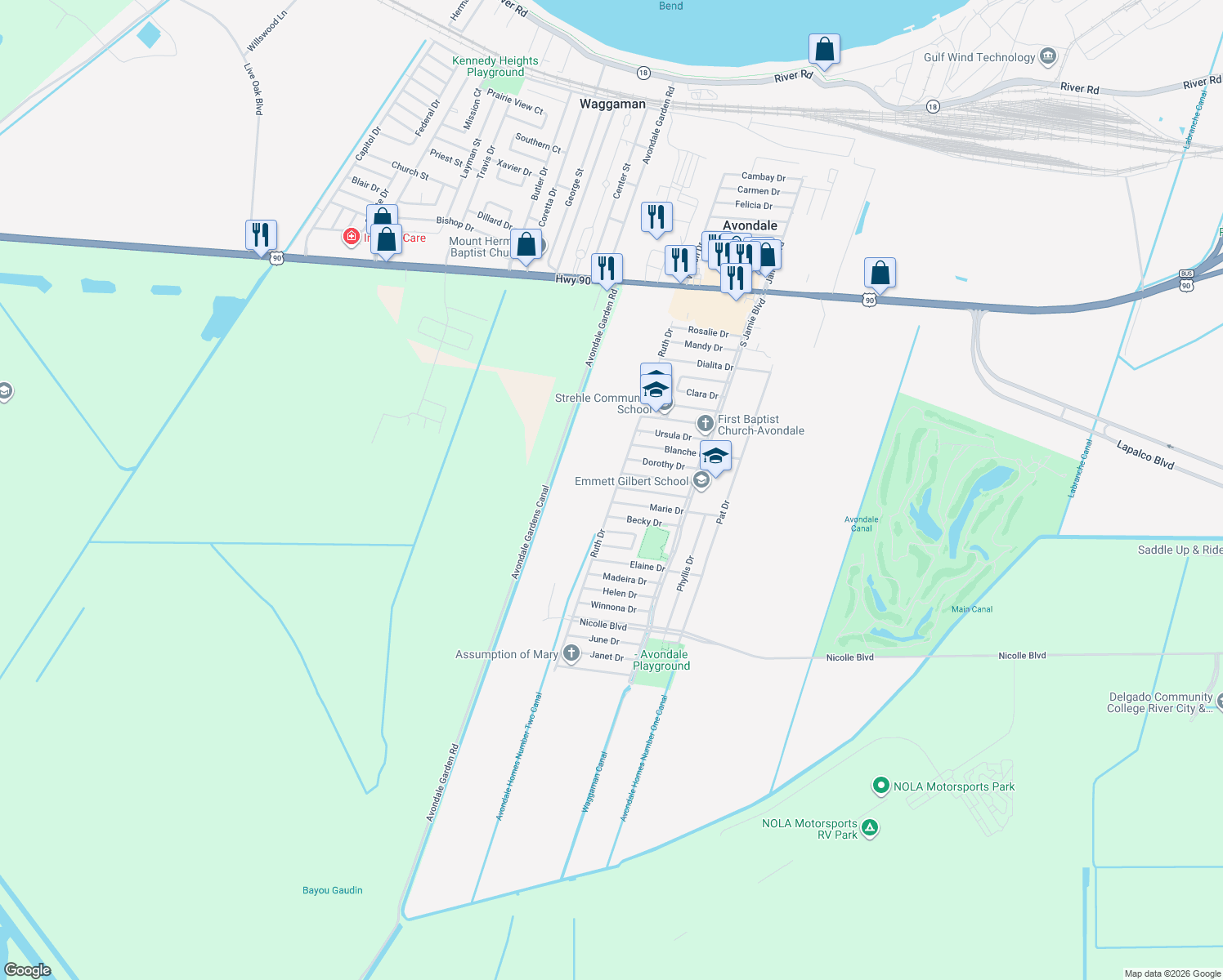 map of restaurants, bars, coffee shops, grocery stores, and more near 504 Ruth Drive in Westwego