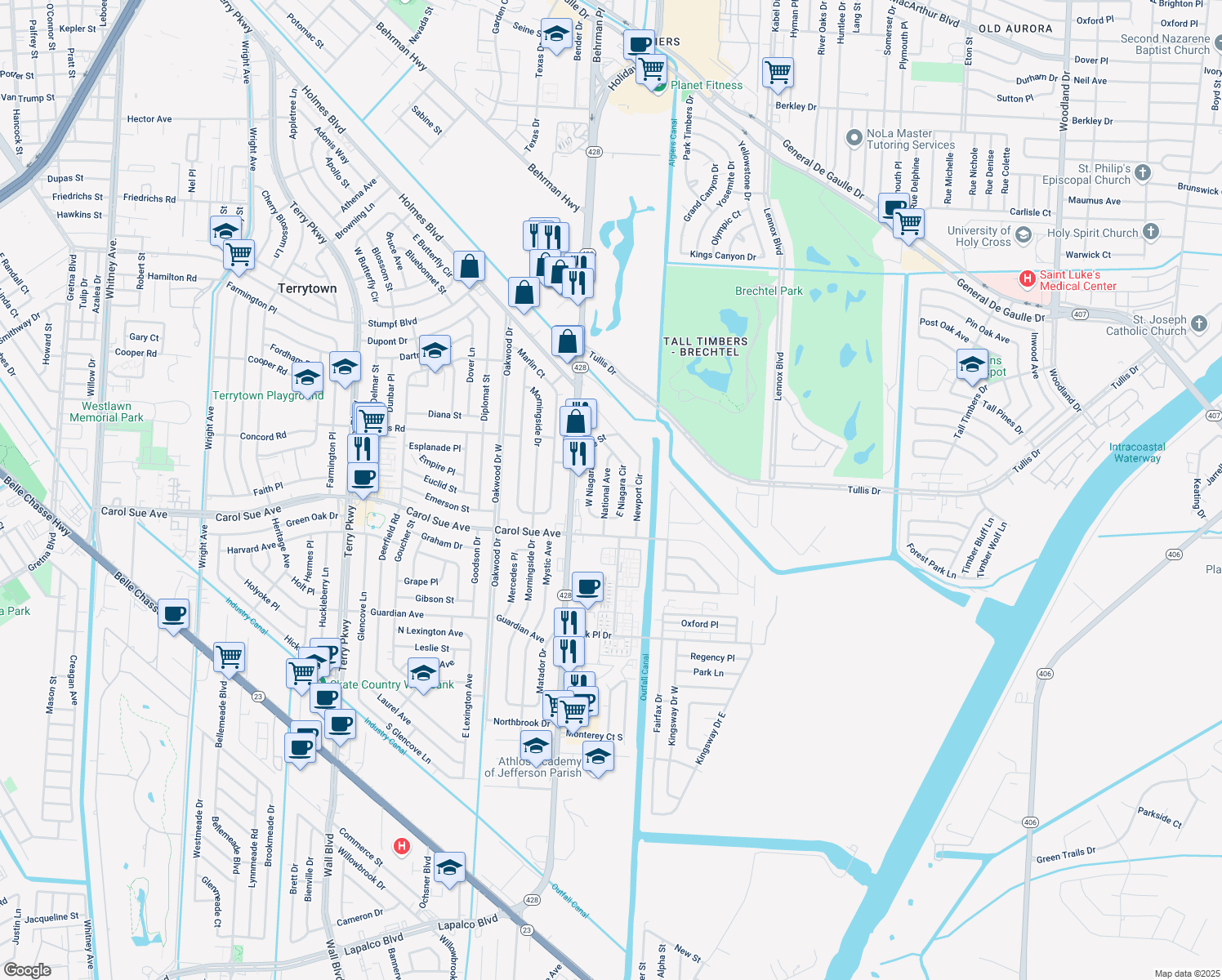 map of restaurants, bars, coffee shops, grocery stores, and more near 633 National Avenue in Terrytown