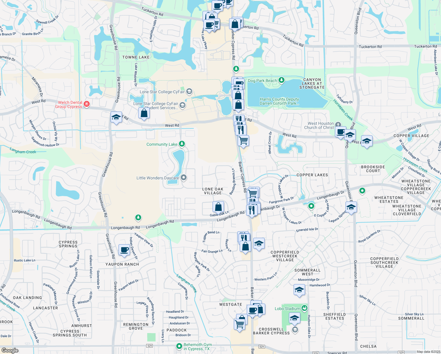 map of restaurants, bars, coffee shops, grocery stores, and more near 18018 Oak Orchard Lane in Cypress