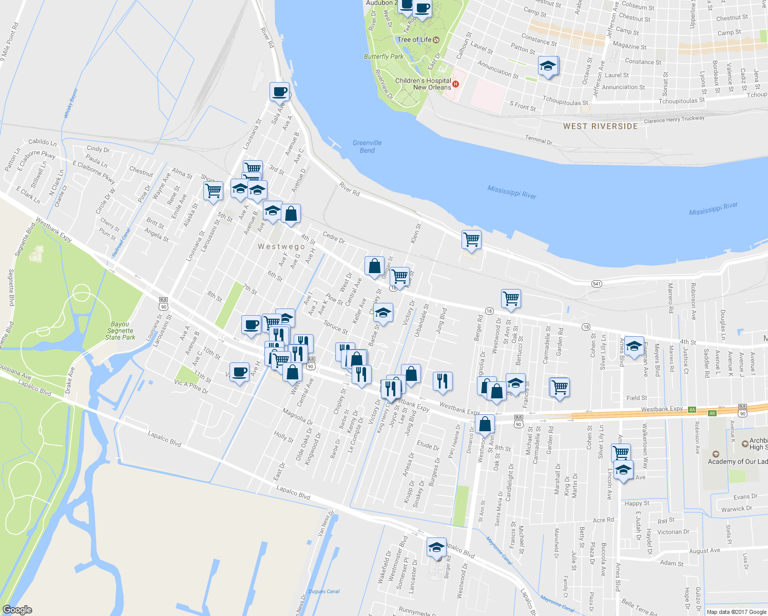 map of restaurants, bars, coffee shops, grocery stores, and more near 619 Barbe Street in Westwego