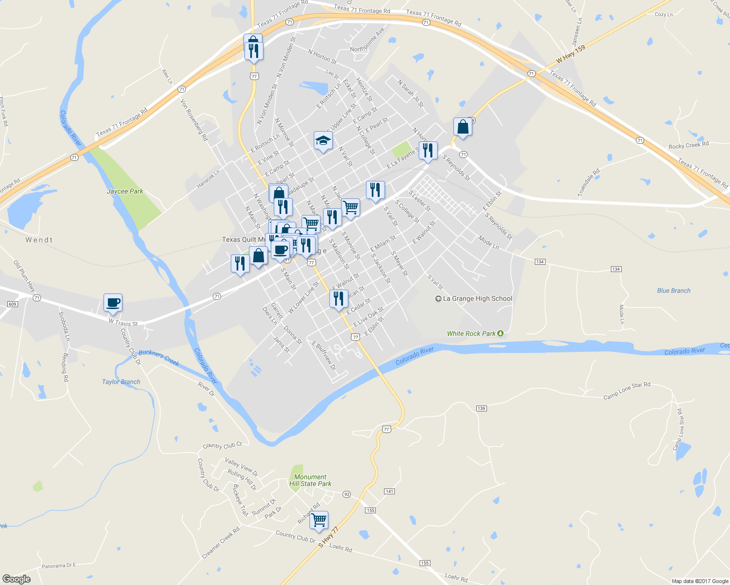 map of restaurants, bars, coffee shops, grocery stores, and more near 623 South Madison Street in La Grange