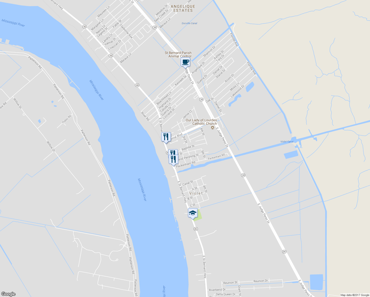 map of restaurants, bars, coffee shops, grocery stores, and more near 2213 Repose Street in Violet