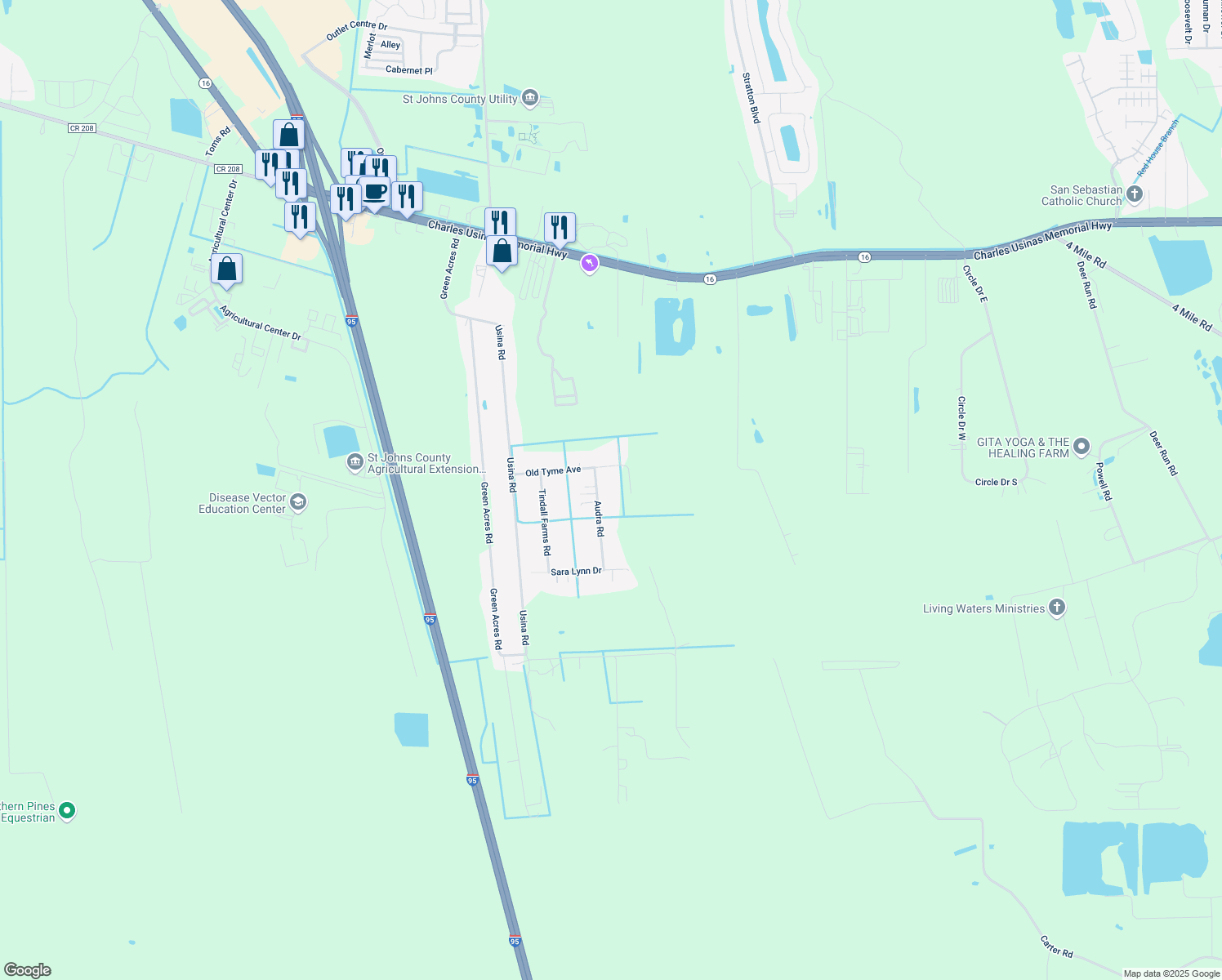 map of restaurants, bars, coffee shops, grocery stores, and more near 3224 Audra Rd in St Augustine