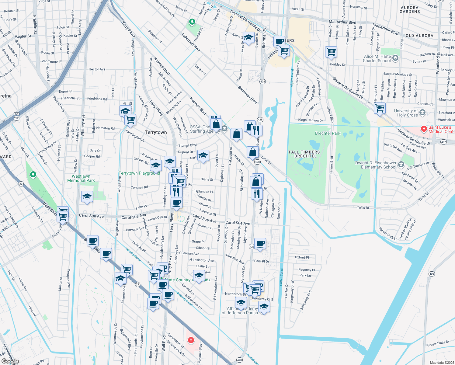 map of restaurants, bars, coffee shops, grocery stores, and more near 588 Oakwood Drive in Terrytown