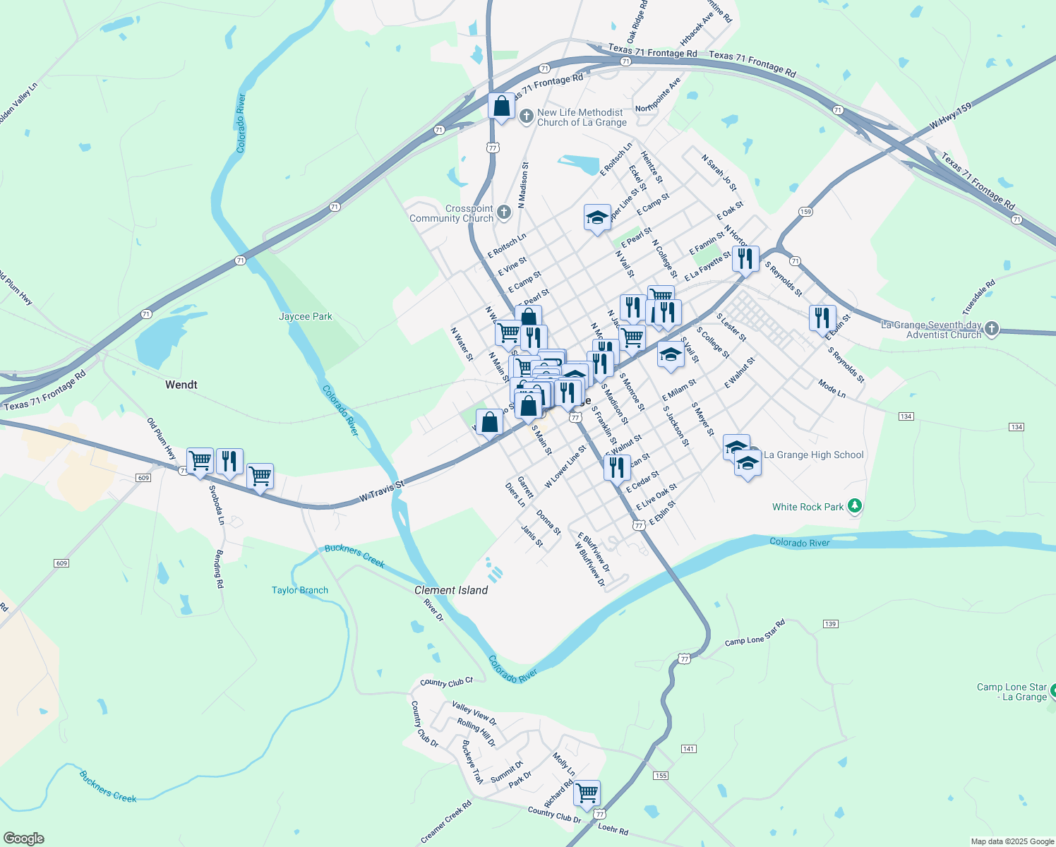 map of restaurants, bars, coffee shops, grocery stores, and more near 104 South Main Street in La Grange
