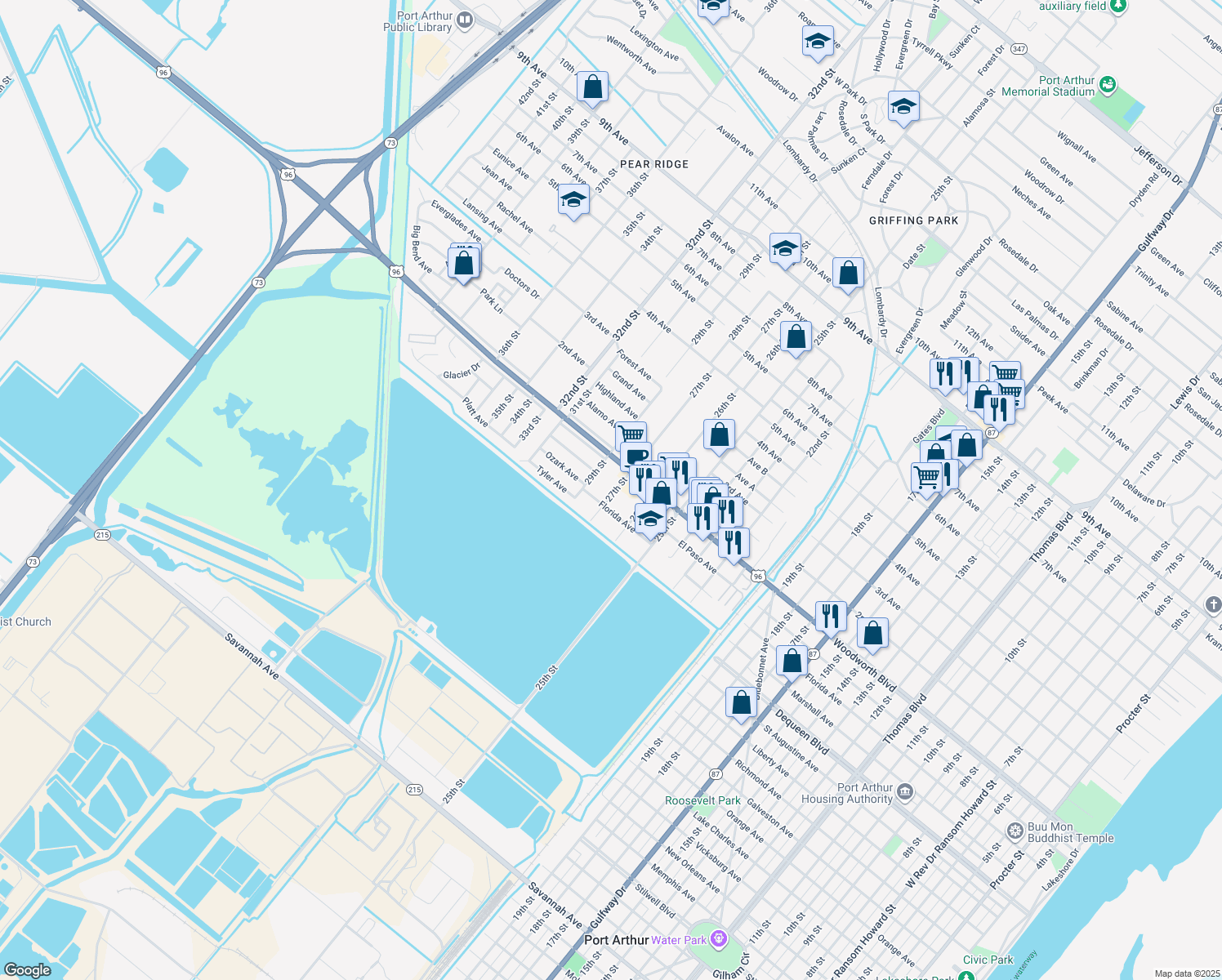 map of restaurants, bars, coffee shops, grocery stores, and more near 2727 27th Street in Port Arthur