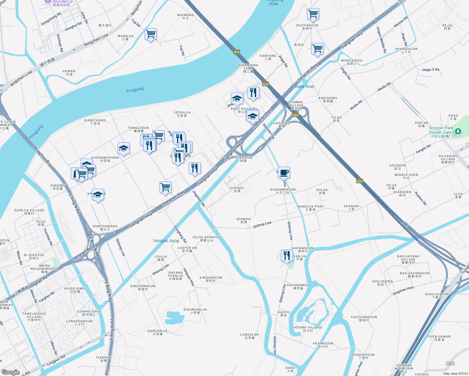 map of restaurants, bars, coffee shops, grocery stores, and more near Wei Shi Lu in Ning Bo Shi