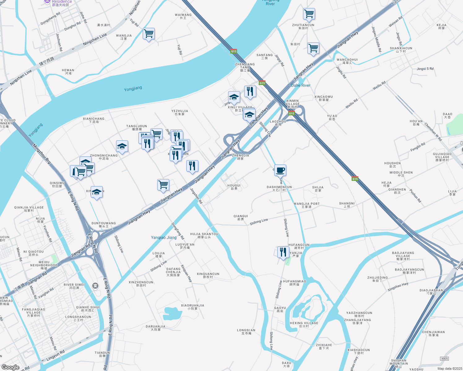 map of restaurants, bars, coffee shops, grocery stores, and more near Wei Shi Lu in Ning Bo Shi