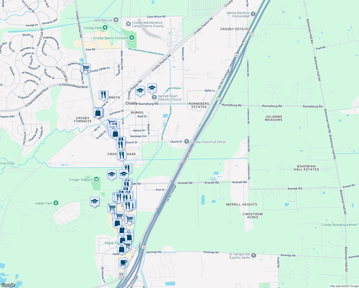 map of restaurants, bars, coffee shops, grocery stores, and more near 1130 Church St in Crosby