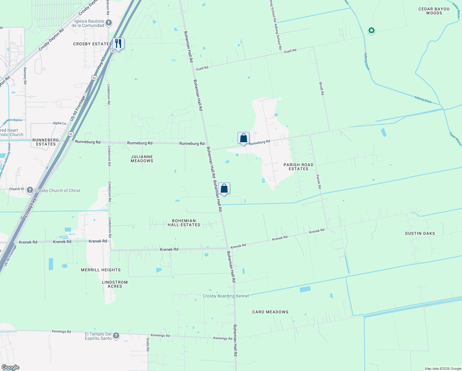 map of restaurants, bars, coffee shops, grocery stores, and more near 15302 Bohemian Hall Road in Crosby