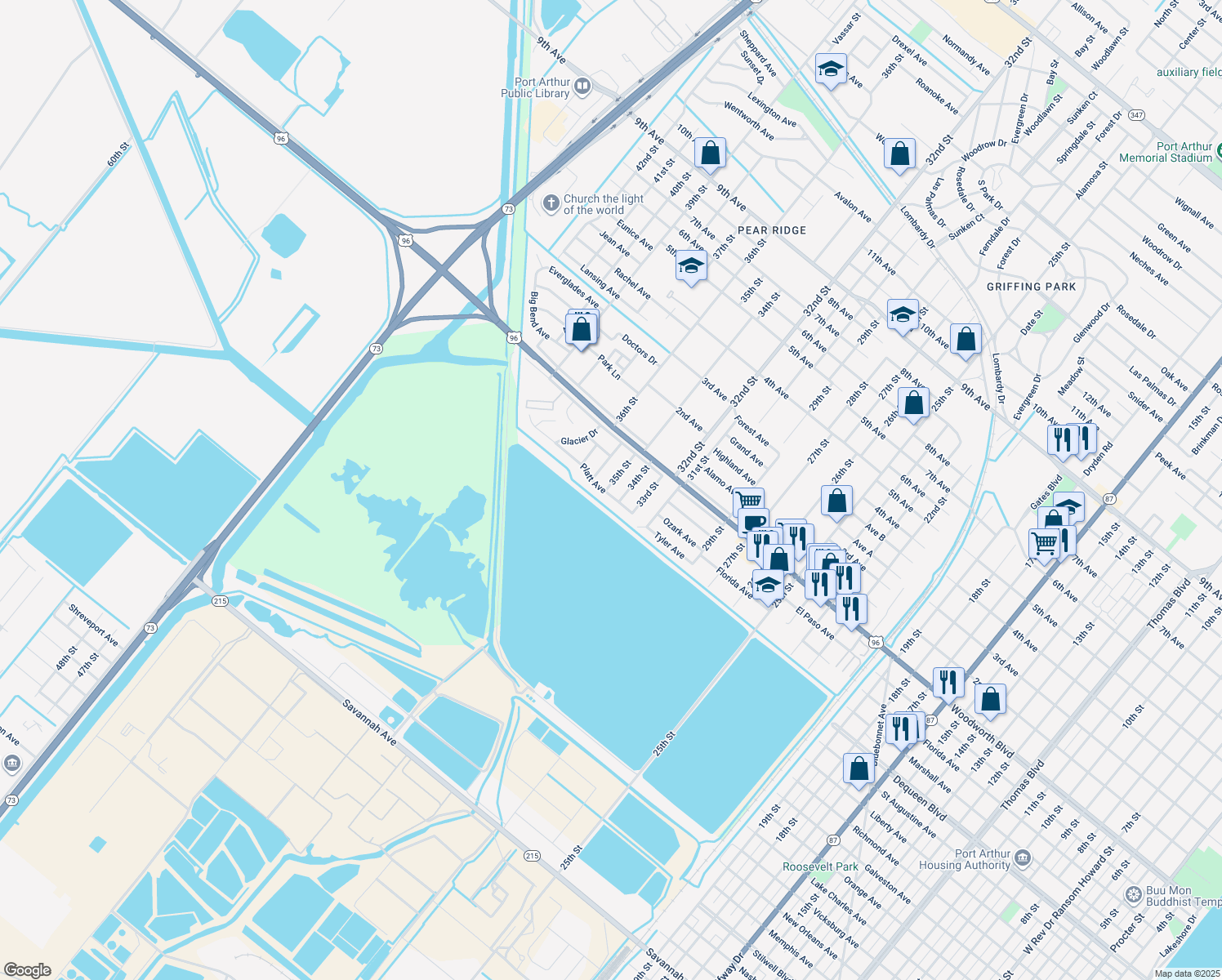 map of restaurants, bars, coffee shops, grocery stores, and more near 2600 35th St in Port Arthur