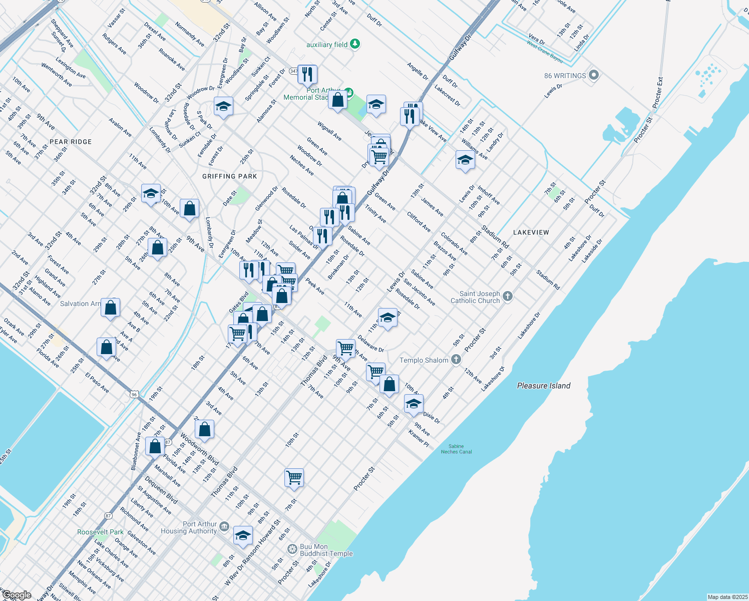 map of restaurants, bars, coffee shops, grocery stores, and more near 3945 Lewis Dr in Port Arthur