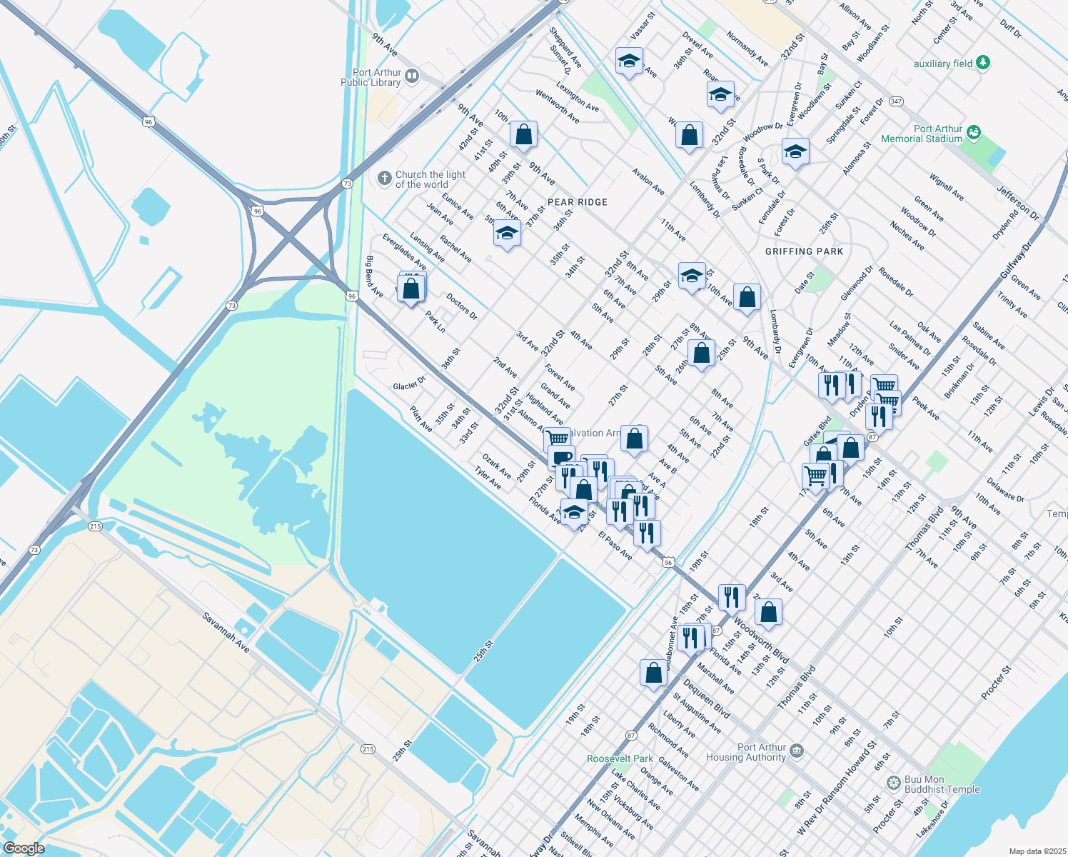 map of restaurants, bars, coffee shops, grocery stores, and more near 3041 Alamo Avenue in Port Arthur