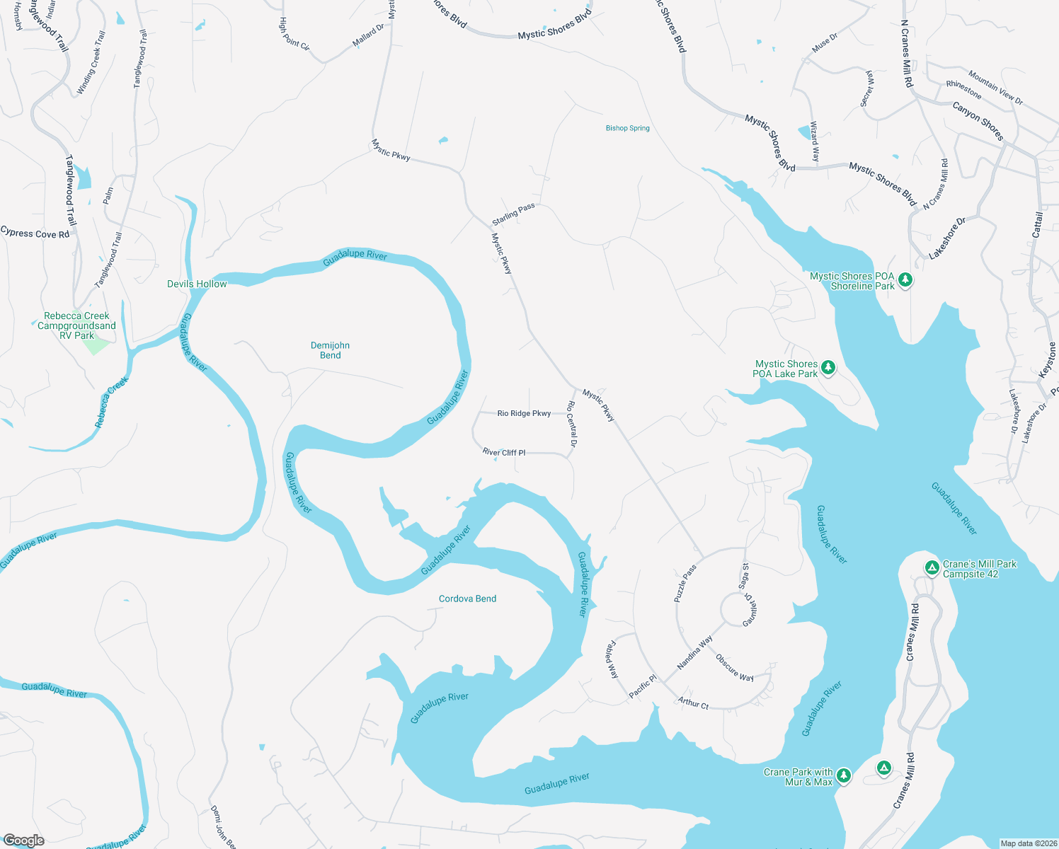 map of restaurants, bars, coffee shops, grocery stores, and more near 535 Rio Ridge Parkway in Spring Branch