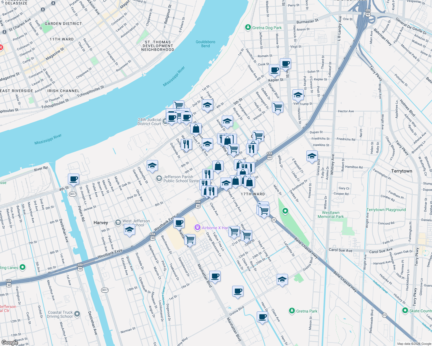 map of restaurants, bars, coffee shops, grocery stores, and more near 1118 Huey P Long Avenue in Gretna