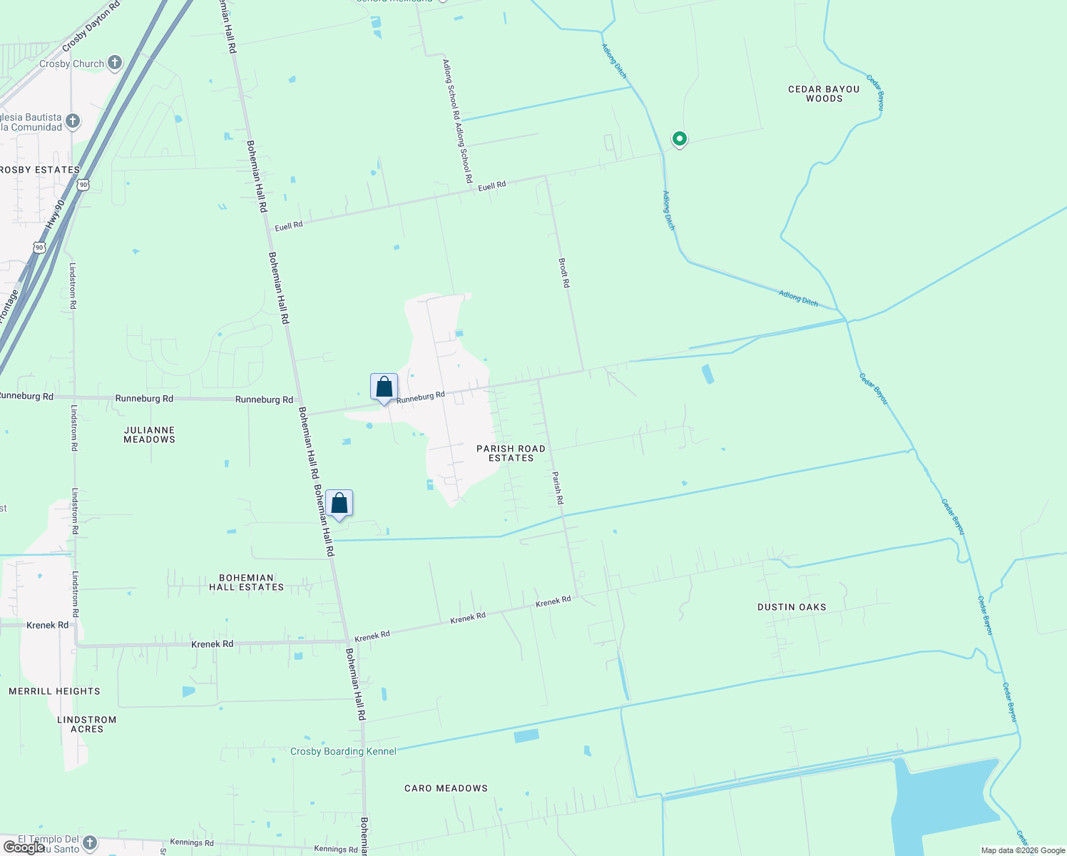 map of restaurants, bars, coffee shops, grocery stores, and more near 15511 Parish Rd in Crosby
