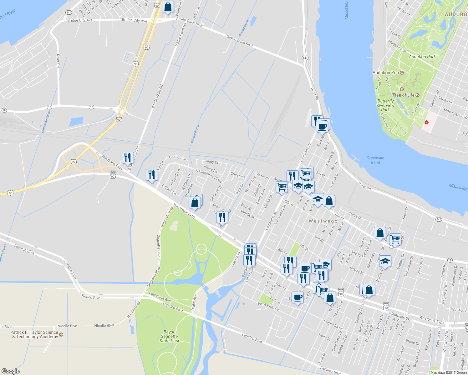 map of restaurants, bars, coffee shops, grocery stores, and more near 130 Sycamore Loop in Westwego