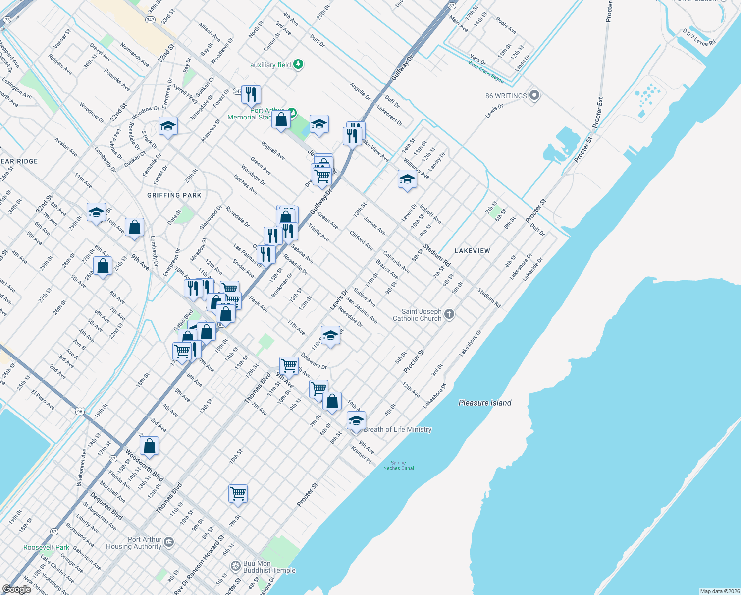 map of restaurants, bars, coffee shops, grocery stores, and more near 940 Sabine Avenue in Port Arthur