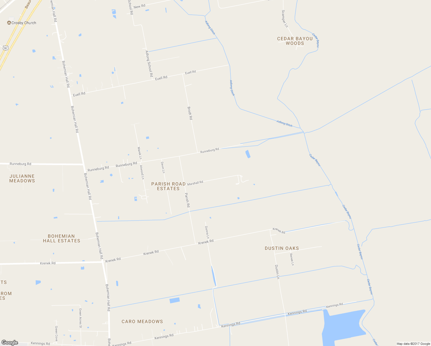 map of restaurants, bars, coffee shops, grocery stores, and more near 3711 Marshall Road in Crosby