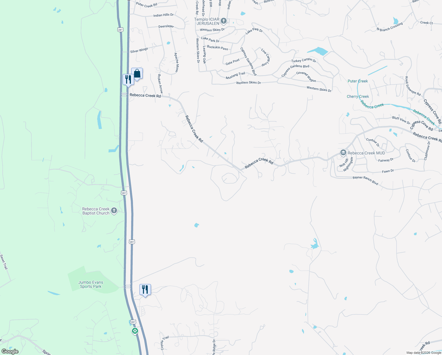 map of restaurants, bars, coffee shops, grocery stores, and more near 12251 Rebecca Creek Road in Spring Branch