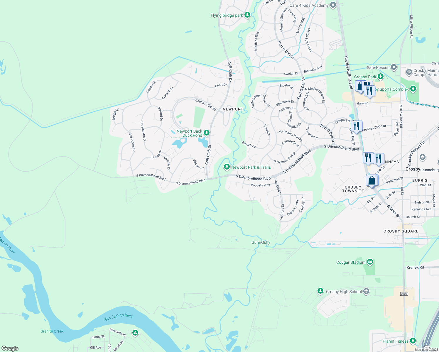 map of restaurants, bars, coffee shops, grocery stores, and more near 1198 South Diamondhead Boulevard in Crosby