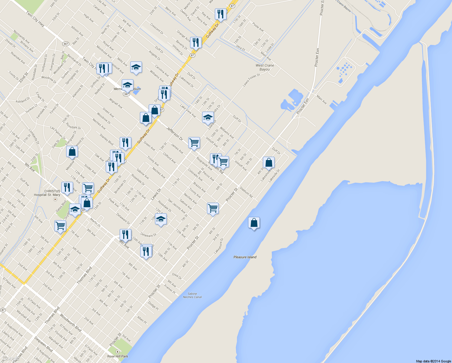map of restaurants, bars, coffee shops, grocery stores, and more near 4850 6th Street in Port Arthur