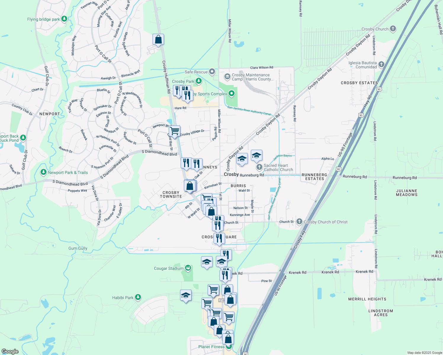 map of restaurants, bars, coffee shops, grocery stores, and more near 502 Runneburg Road in Crosby