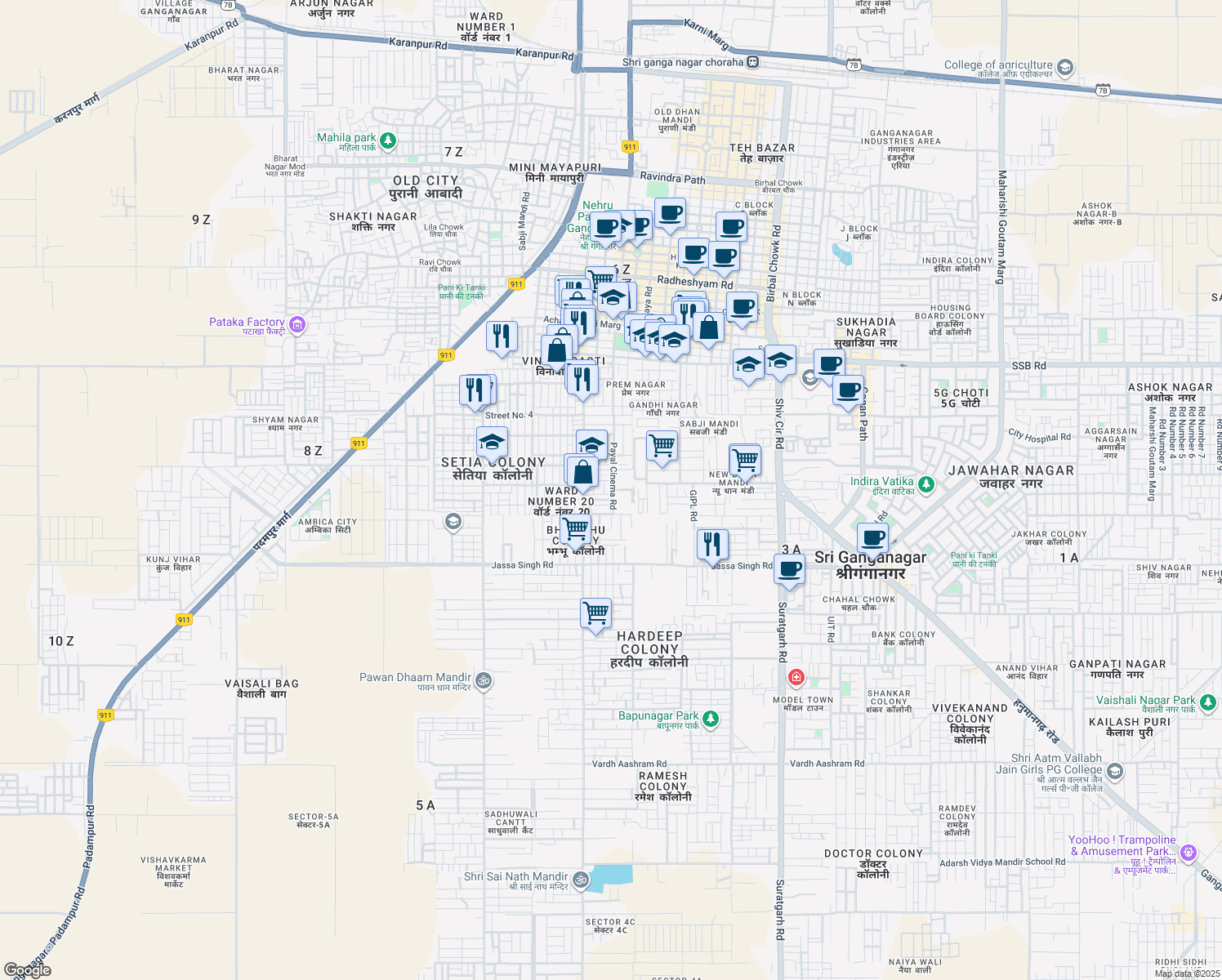 map of restaurants, bars, coffee shops, grocery stores, and more near 4 Payal Cinema Road in Sri Ganganagar
