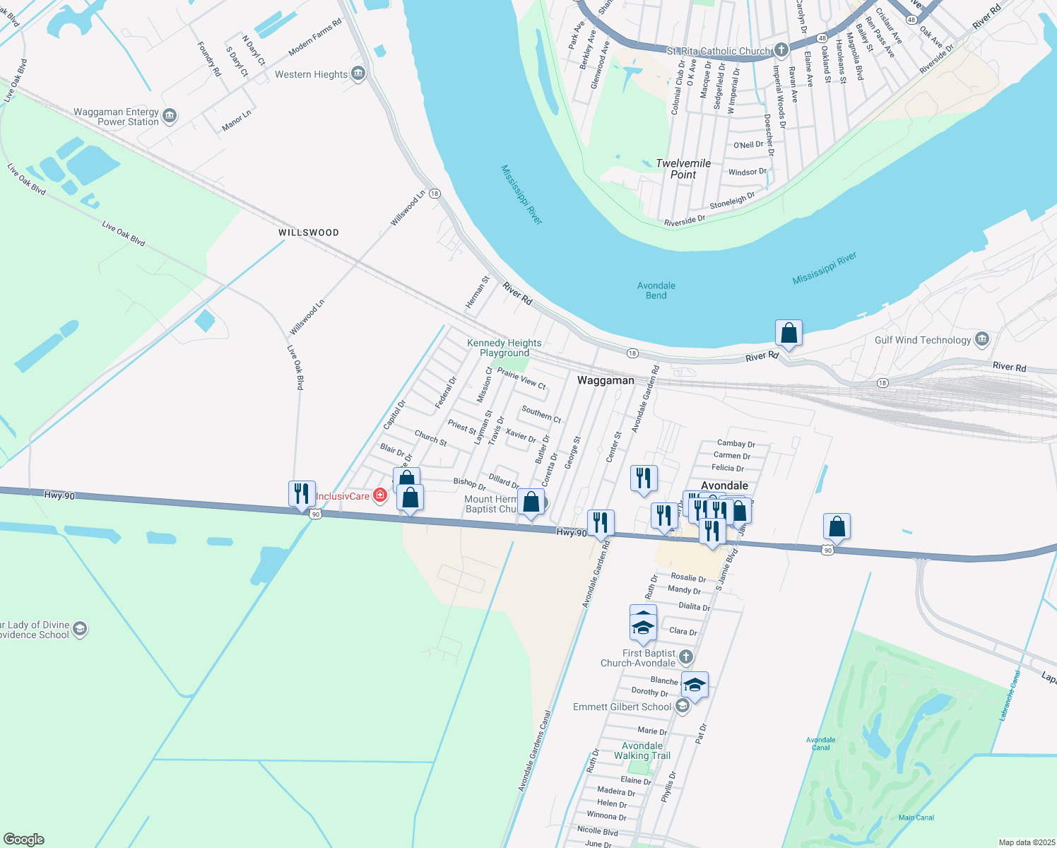 map of restaurants, bars, coffee shops, grocery stores, and more near 117 Southern Court in Westwego