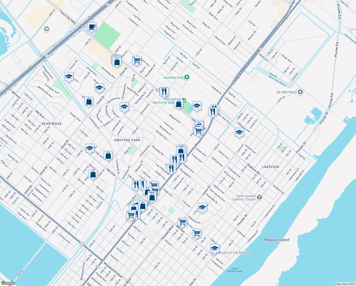 map of restaurants, bars, coffee shops, grocery stores, and more near 1923 Woodrow Dr in Port Arthur