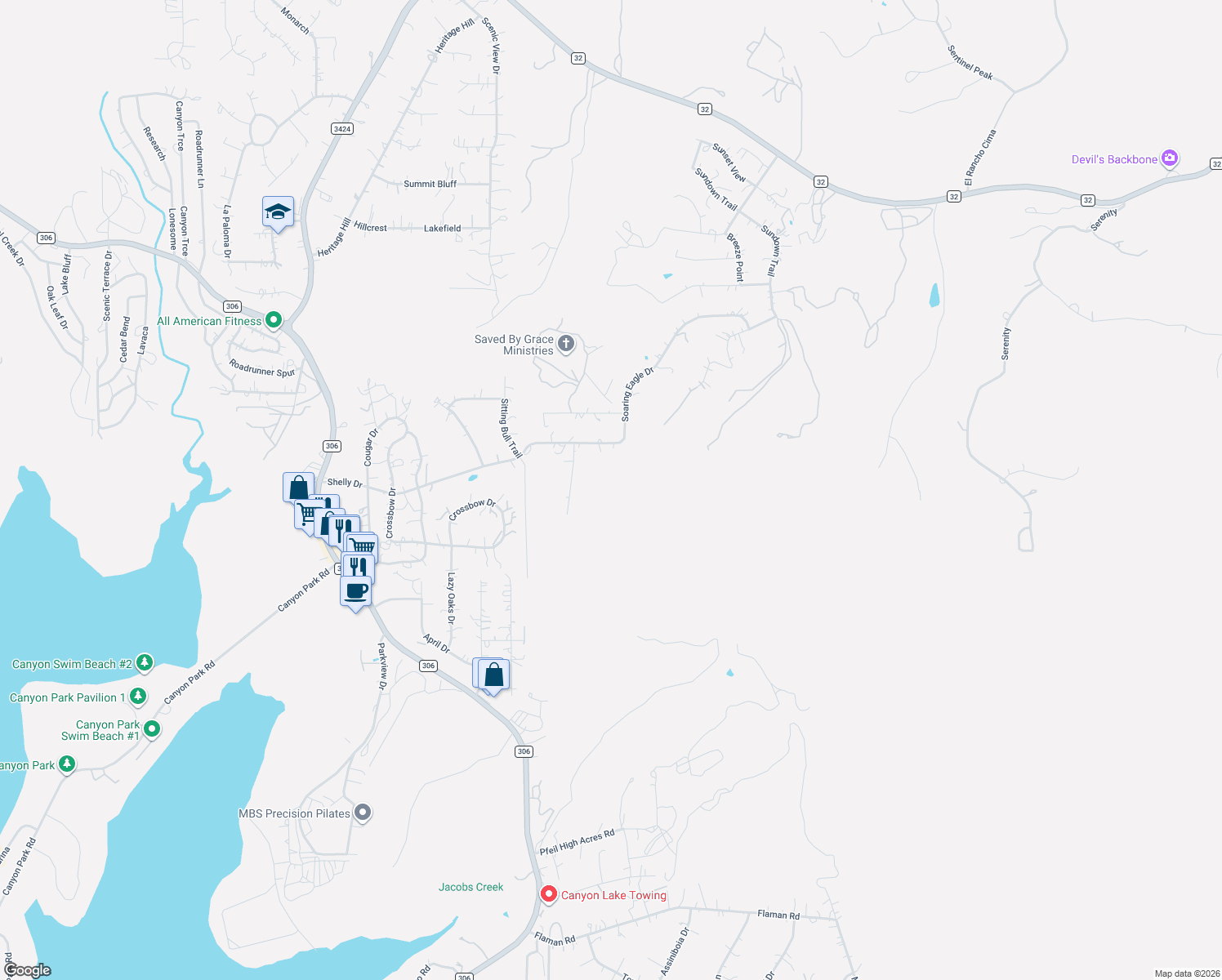 map of restaurants, bars, coffee shops, grocery stores, and more near 1815 Soaring Eagle in Fischer