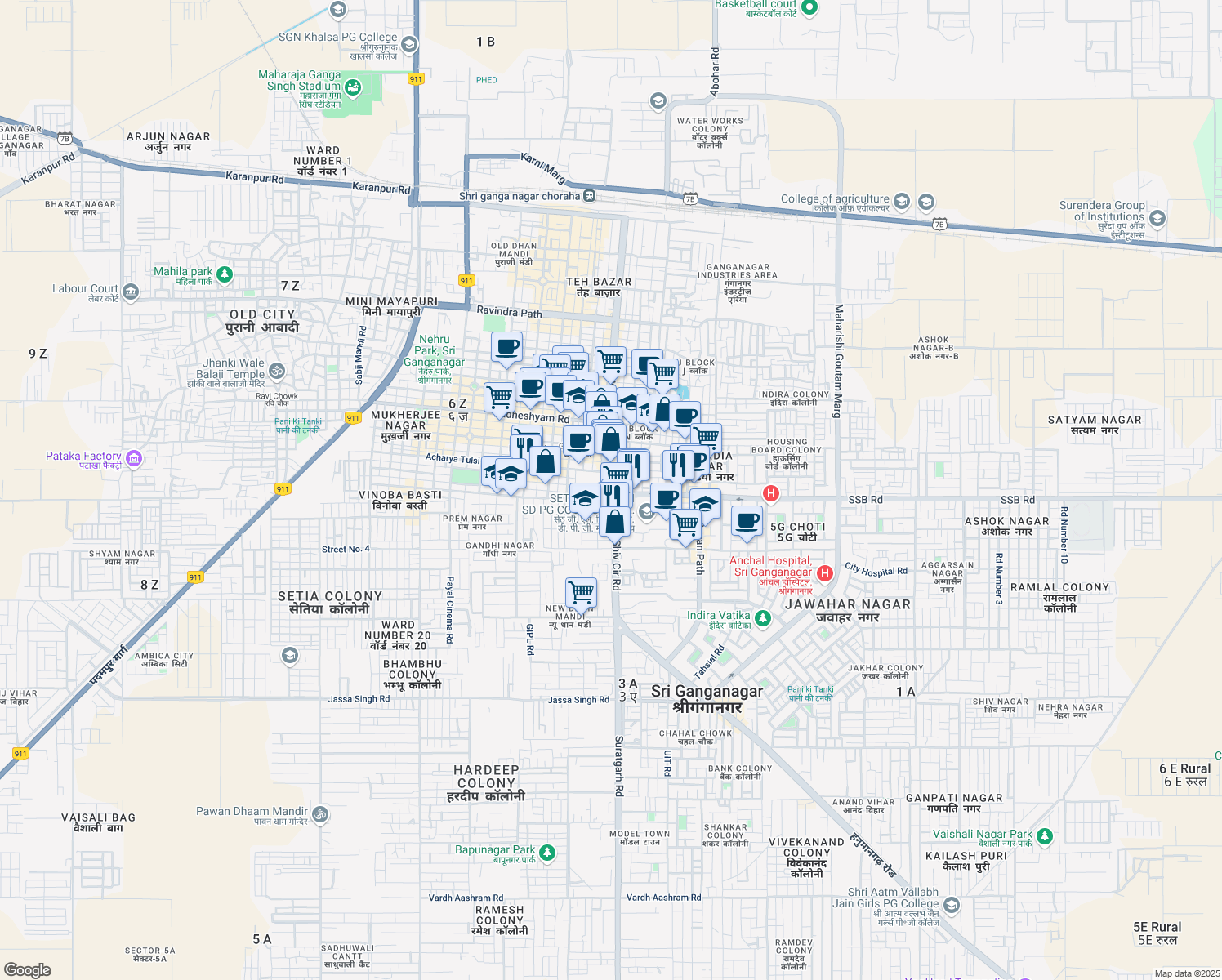 map of restaurants, bars, coffee shops, grocery stores, and more near Sukhadia Circle in Sri Ganganagar