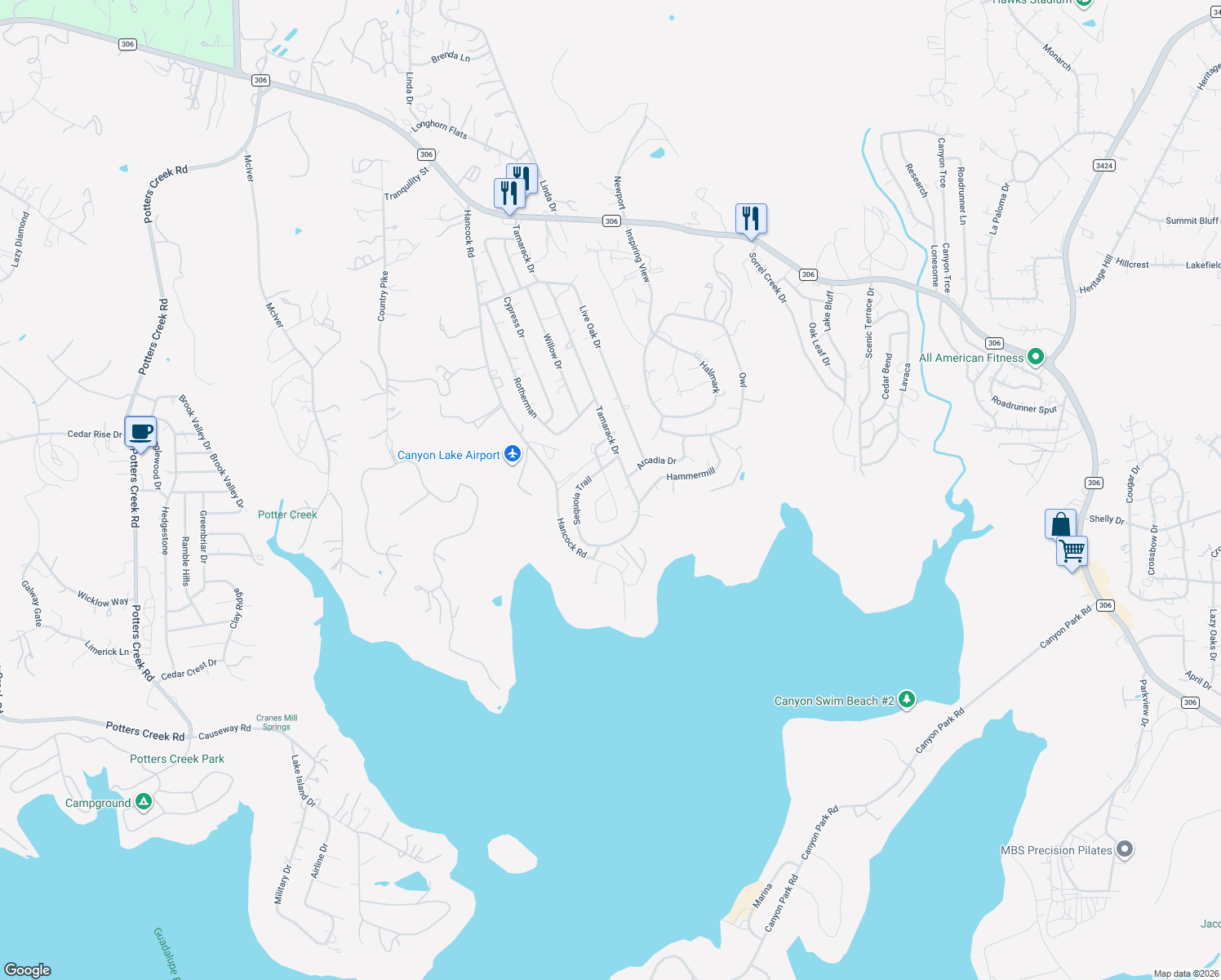 map of restaurants, bars, coffee shops, grocery stores, and more near 1300 Pecan Circle in Canyon Lake