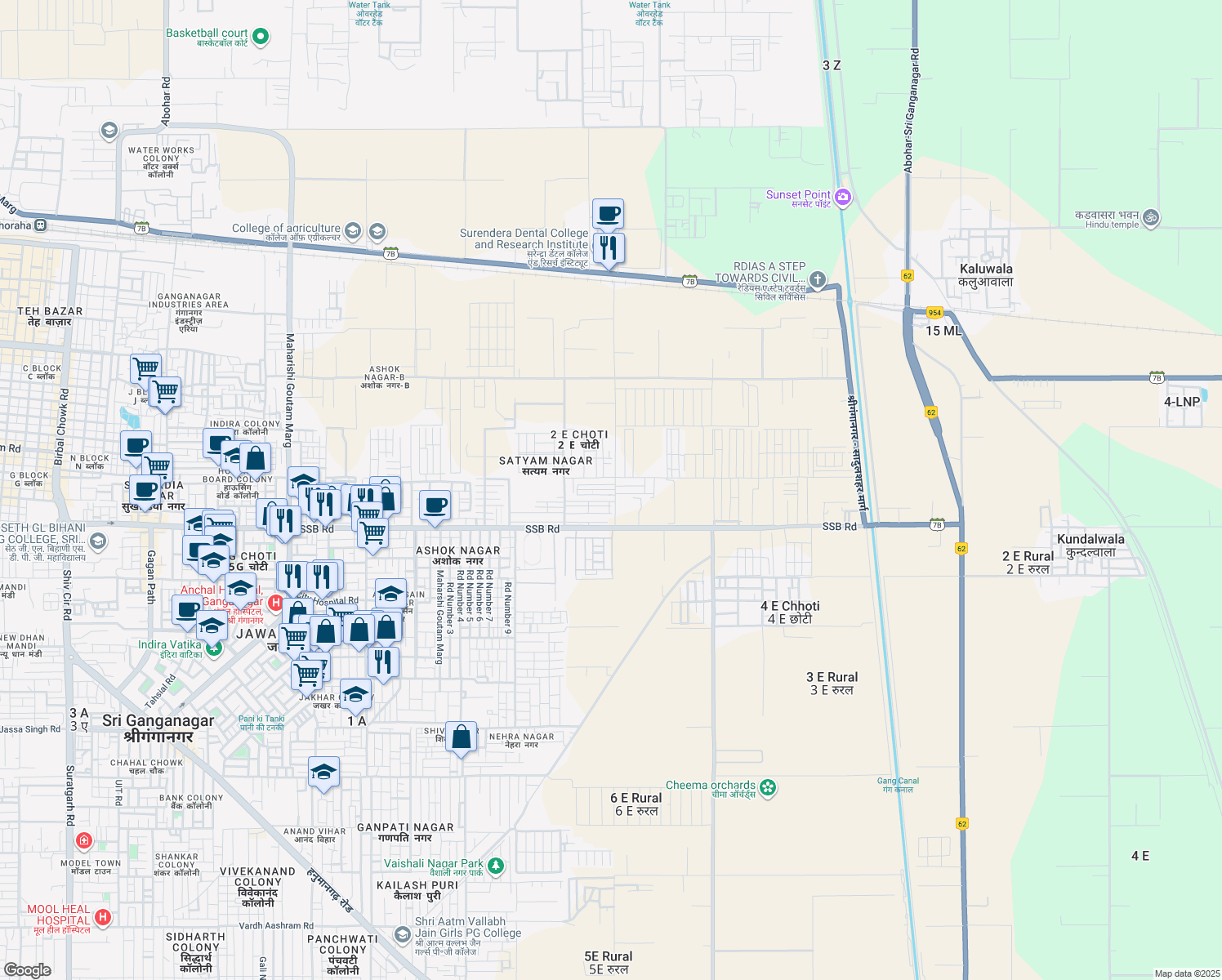 map of restaurants, bars, coffee shops, grocery stores, and more near in Sri Ganganagar