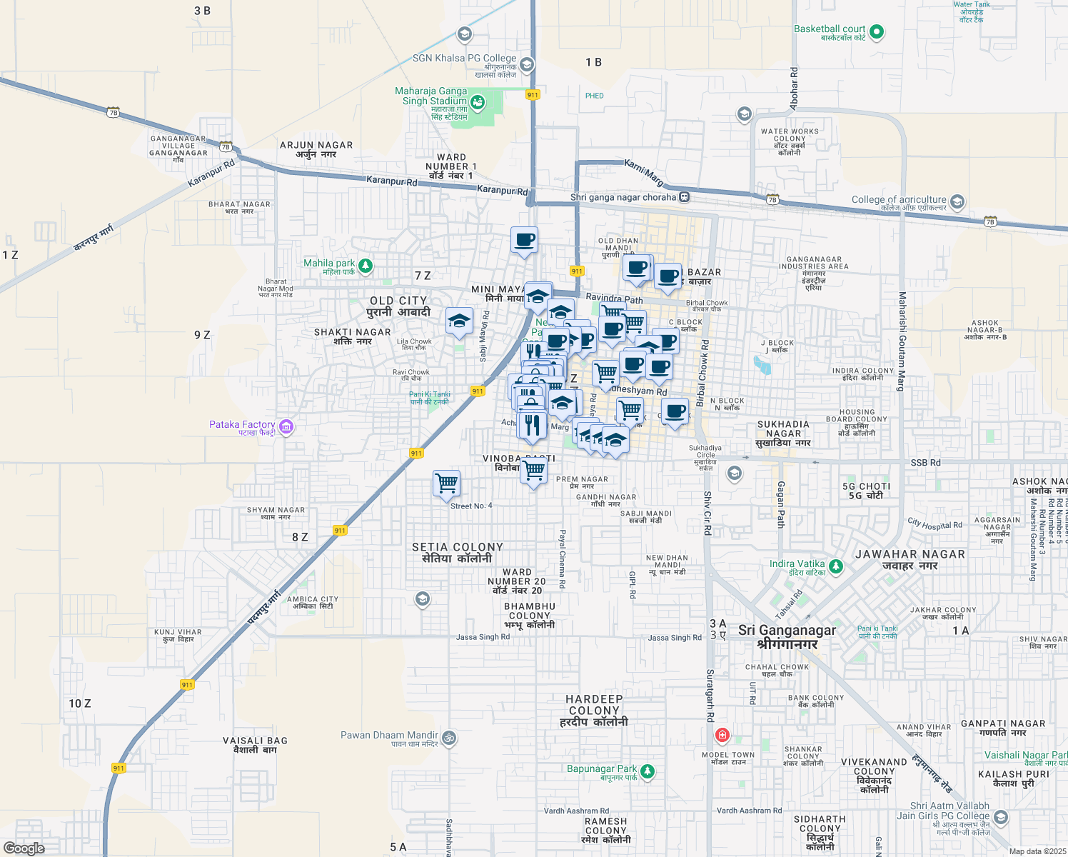 map of restaurants, bars, coffee shops, grocery stores, and more near Durga Mandir Road in 6 Z