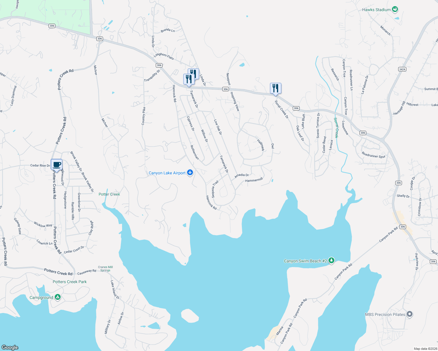 map of restaurants, bars, coffee shops, grocery stores, and more near 1100 Pecan Circle in Canyon Lake