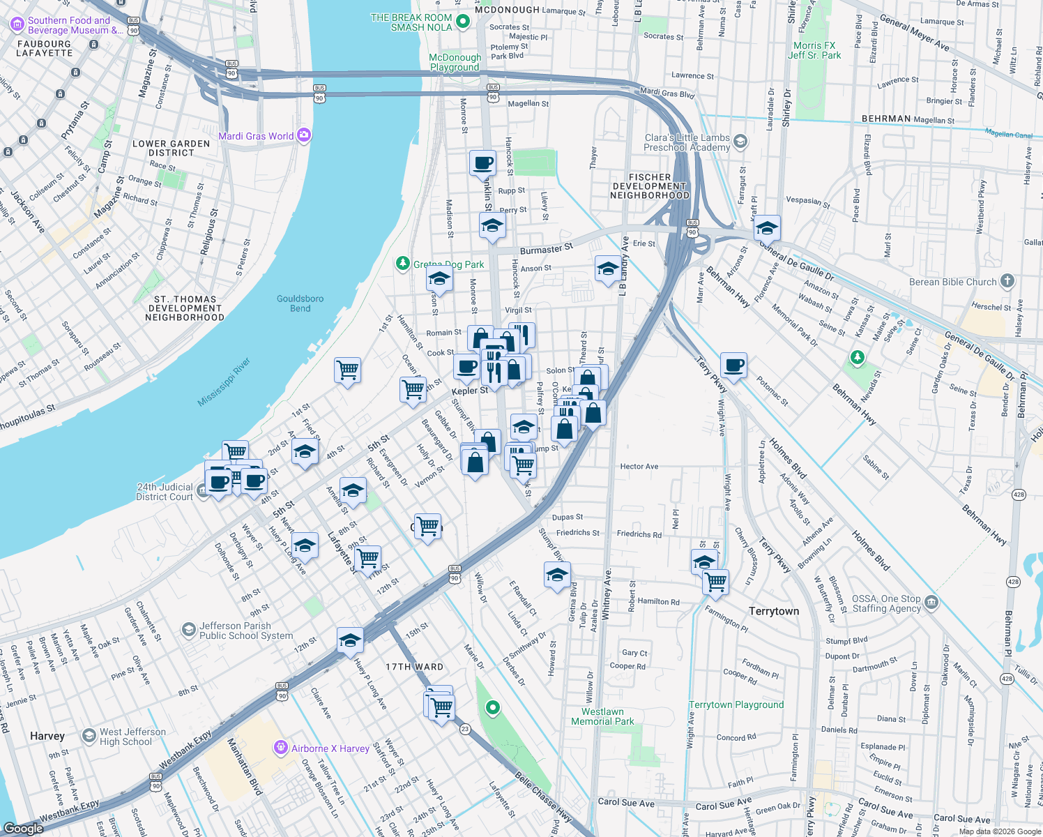map of restaurants, bars, coffee shops, grocery stores, and more near 1807 Hancock Street in Gretna