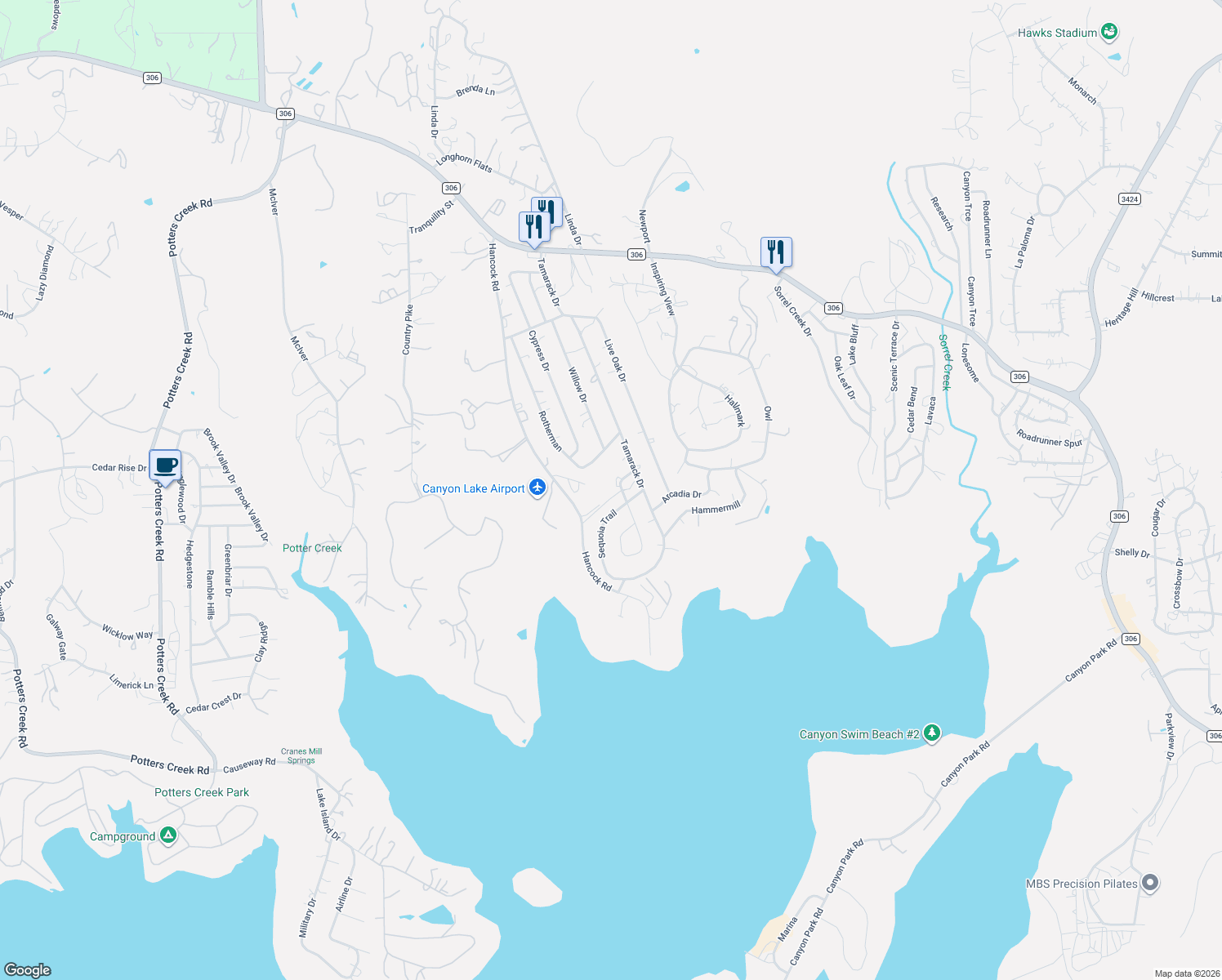 map of restaurants, bars, coffee shops, grocery stores, and more near 1100 Pecan Circle in Canyon Lake