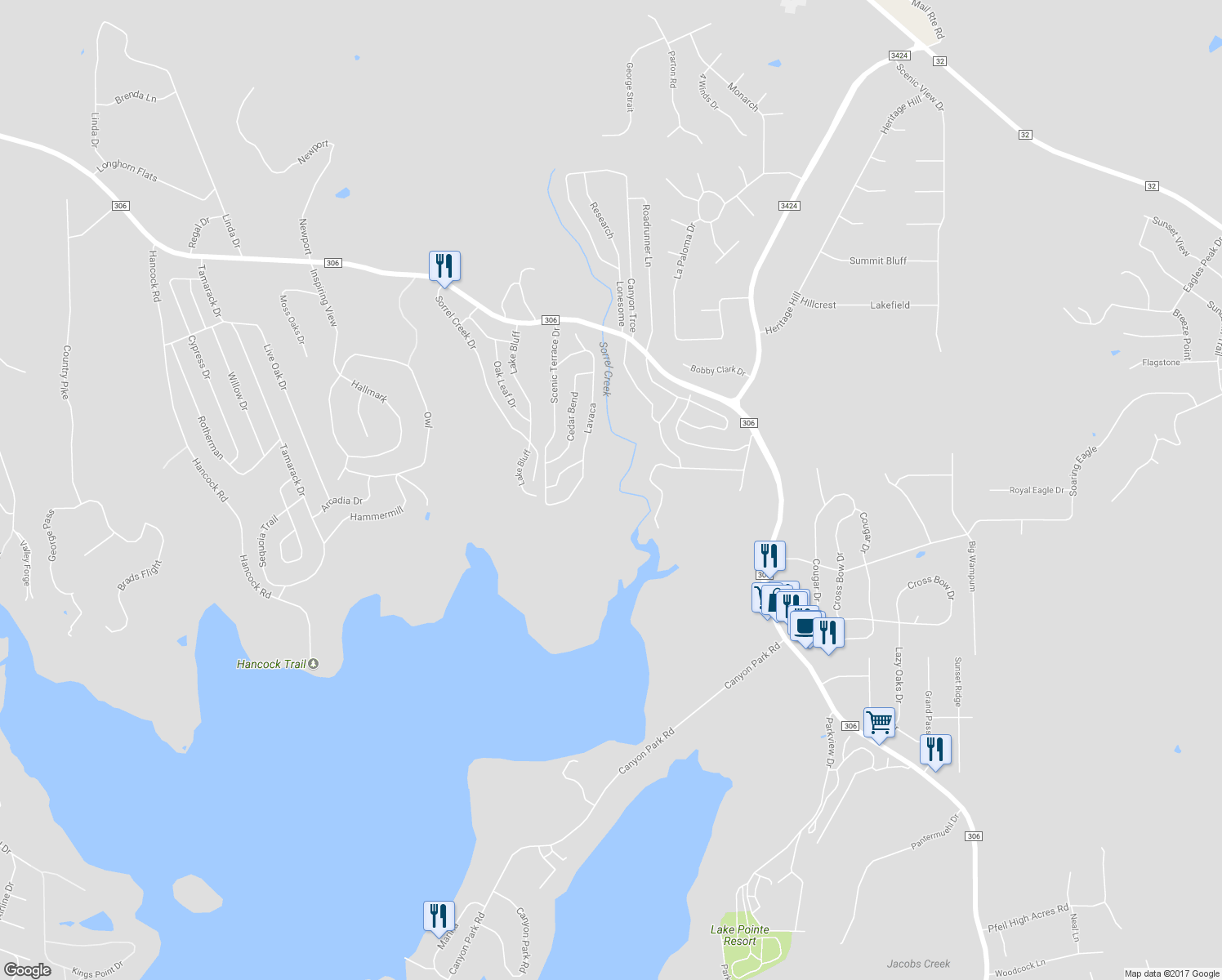 map of restaurants, bars, coffee shops, grocery stores, and more near 1330 Lavaca in Canyon Lake