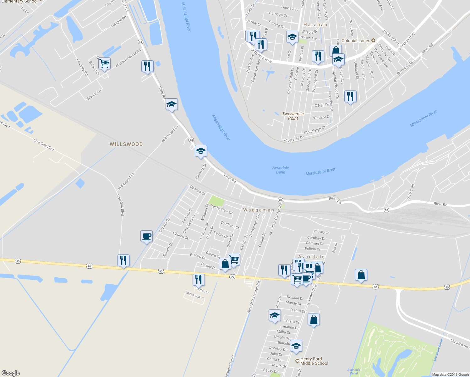 map of restaurants, bars, coffee shops, grocery stores, and more near 143 Waggaman Road in Westwego