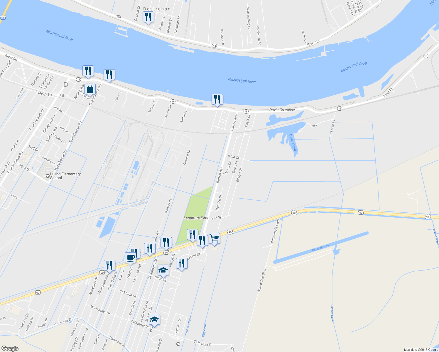 map of restaurants, bars, coffee shops, grocery stores, and more near 330 Barton Avenue in Luling