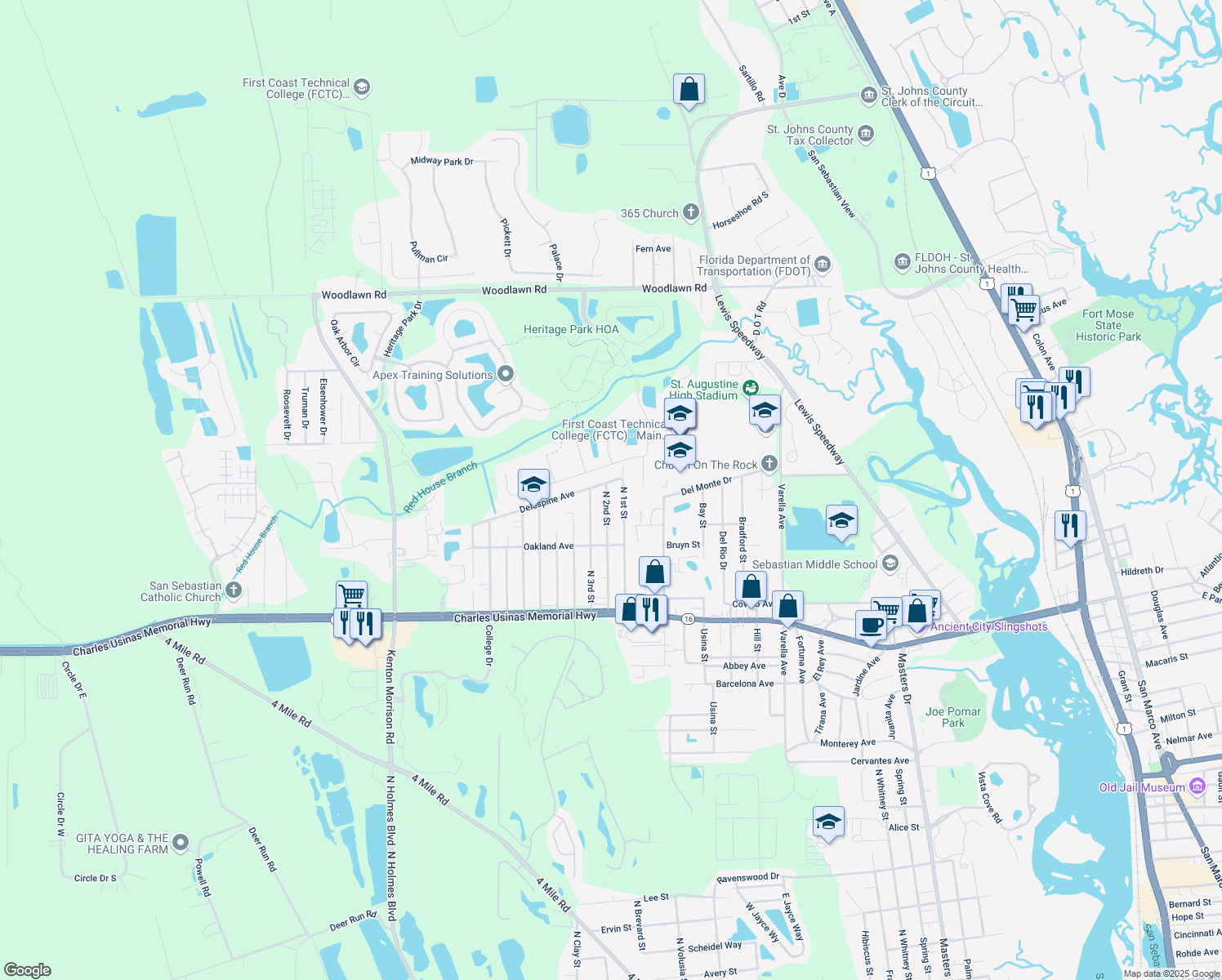 map of restaurants, bars, coffee shops, grocery stores, and more near 2996 North 2nd Street in Saint Augustine