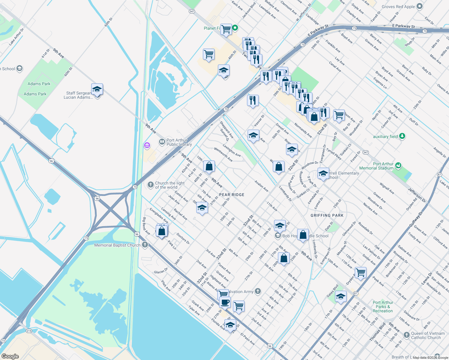map of restaurants, bars, coffee shops, grocery stores, and more near 3734 38th St in Port Arthur