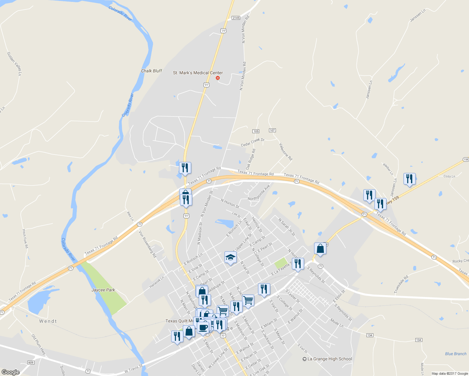 map of restaurants, bars, coffee shops, grocery stores, and more near 320 Reed Street in La Grange